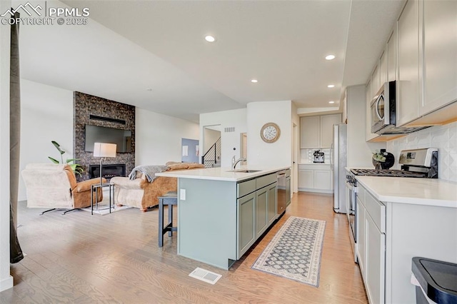 9276 Glitter Way, Colorado Springs, CO 80924 - kitchen featuring stainless steel appliances, a sink, light wood-style floors, gray cabinetry, and an island with sink