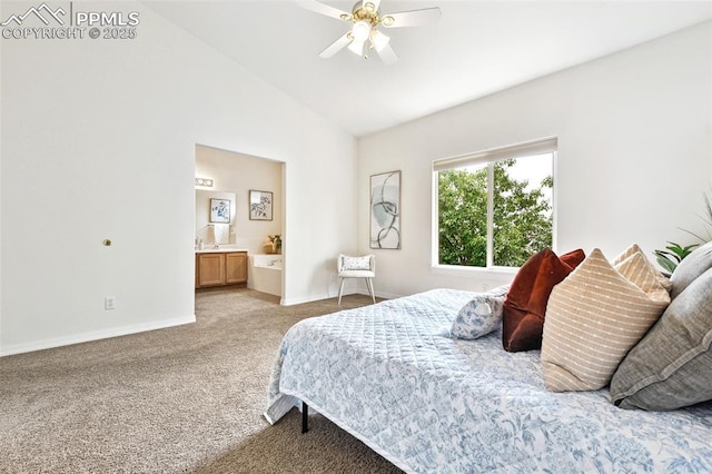 1646 Pinon Glen Cir, Colorado Springs, CO 80919 - carpeted bedroom with baseboards, ensuite bath, high vaulted ceiling, and a ceiling fan