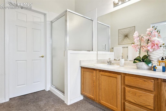 1646 Pinon Glen Cir, Colorado Springs, CO 80919 - bathroom with a shower stall, vanity, and carpet flooring