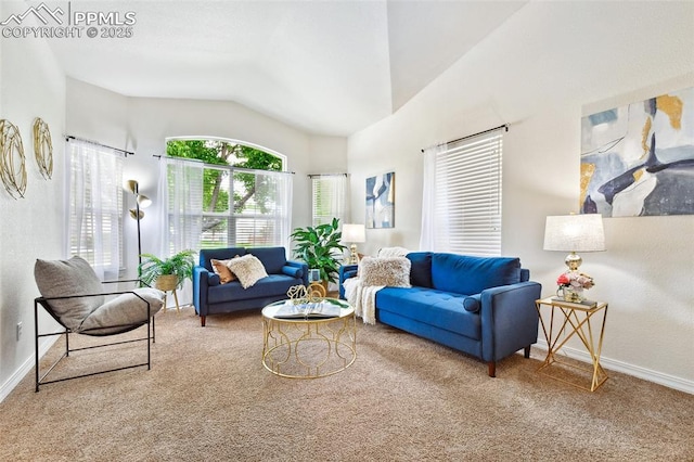 1646 Pinon Glen Cir, Colorado Springs, CO 80919 - living room featuring carpet flooring, vaulted ceiling, and baseboards