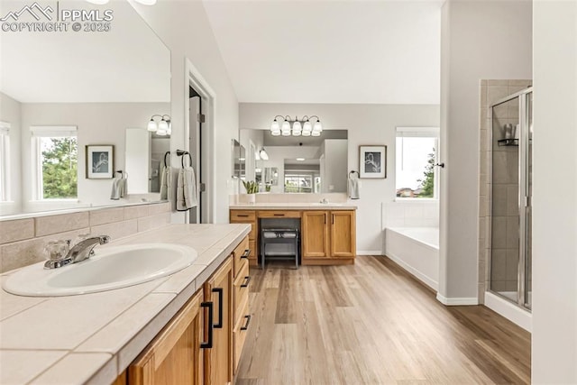 10467 Pictured Rocks Dr, Peyton, CO 80831 - bathroom featuring wood finished floors, two vanities, a bath, a stall shower, and baseboards