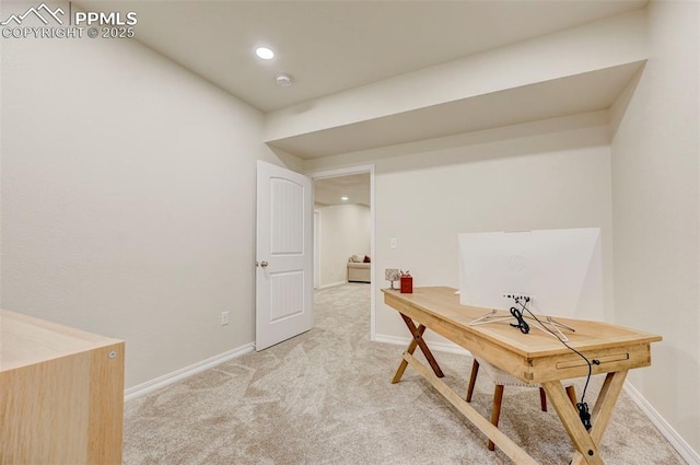 10806 Rolling Peaks Dr, Peyton, CO 80831 - home office featuring light carpet, baseboards, and recessed lighting