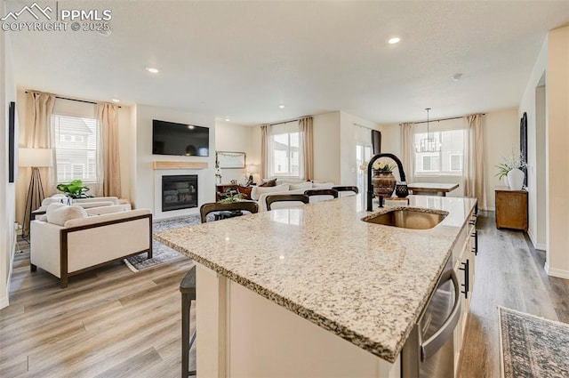 10806 Rolling Peaks Dr, Peyton, CO 80831 - kitchen featuring a sink, dishwasher, light wood-style floors, a glass covered fireplace, and a breakfast bar