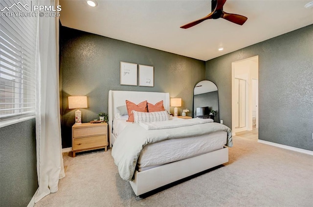 10806 Rolling Peaks Dr, Peyton, CO 80831 - bedroom featuring a textured wall, carpet flooring, baseboards, ceiling fan, and recessed lighting