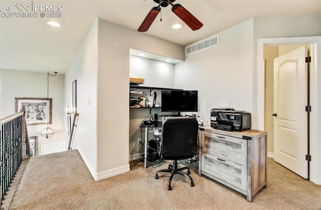 2582 Indian Hills Grv, Colorado Springs, CO 80907 - office featuring light carpet, ceiling fan, baseboards, and recessed lighting