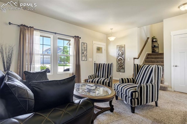 10208 Abrams Dr, Colorado Springs, CO 80925 - carpeted living area featuring stairs