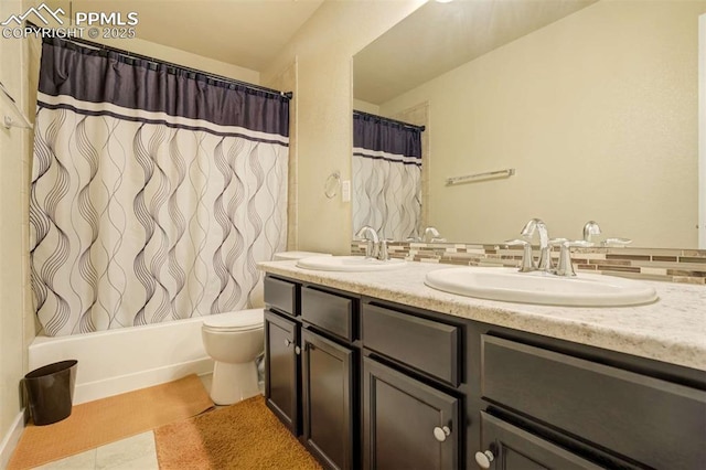 10208 Abrams Dr, Colorado Springs, CO 80925 - full bathroom featuring double vanity, shower / bath combination with curtain, and tasteful backsplash