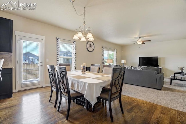 10208 Abrams Dr, Colorado Springs, CO 80925 - dining space featuring a ceiling fan, a chandelier, and wood finished floors