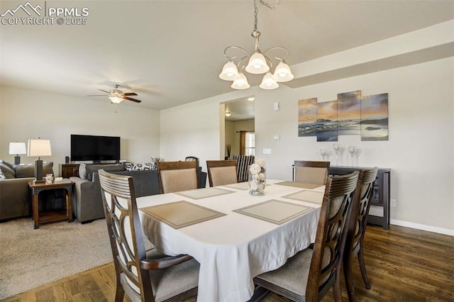 10208 Abrams Dr, Colorado Springs, CO 80925 - dining space featuring wood finished floors, a chandelier, and a ceiling fan