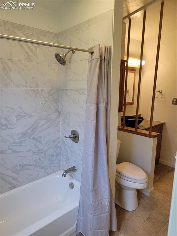 2619 N Arcadia St, Colorado Springs, CO 80907 - bathroom featuring shower / bathtub combination with curtain, toilet, and tile patterned flooring