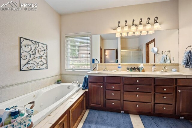 20280 Melanie Ann Ct, Monument, CO 80132 - full bath featuring a shower stall, double vanity, tile patterned flooring, and a tub with jets