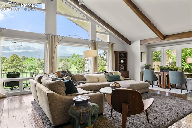 3320 Camels Ridge Ln, Colorado Springs, CO 80904 - living room with beam ceiling, high vaulted ceiling, hardwood / wood-style floors, and plenty of natural light