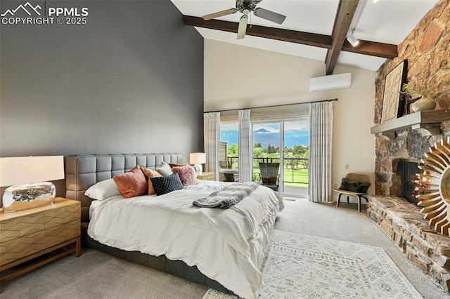 3320 Camels Ridge Ln, Colorado Springs, CO 80904 - carpeted bedroom featuring access to exterior, beam ceiling, high vaulted ceiling, a wall unit AC, and a fireplace