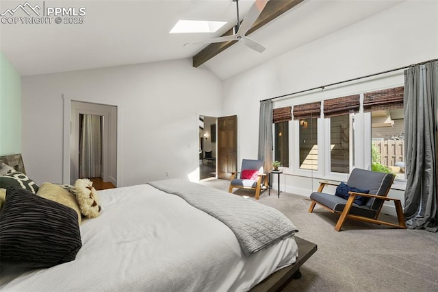 3320 Camels Ridge Ln, Colorado Springs, CO 80904 - bedroom featuring a skylight, beam ceiling, carpet, ceiling fan, and high vaulted ceiling