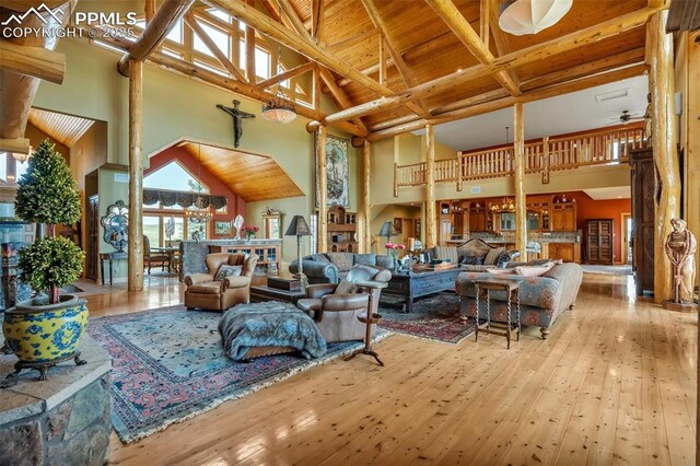 15958 Shadow Mountain Ranch Rd, Larkspur, CO 80118 - building lobby featuring high vaulted ceiling and wooden ceiling with exposed beams