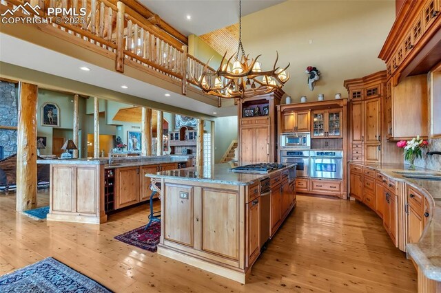 15958 Shadow Mountain Ranch Rd, Larkspur, CO 80118 - kitchen with stainless steel appliances, a towering ceiling, a spacious island, a chandelier, and light wood-style floors