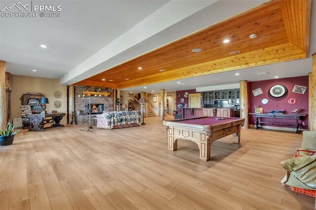15958 Shadow Mountain Ranch Rd, Larkspur, CO 80118 - rec room featuring billiards table, light wood finished floors, a large fireplace, and recessed lighting