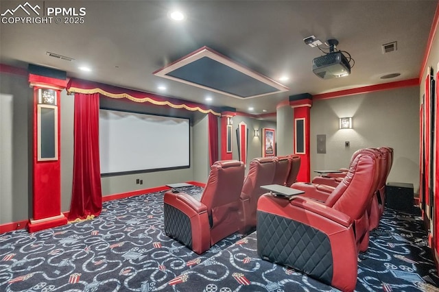 15958 Shadow Mountain Ranch Rd, Larkspur, CO 80118 - cinema featuring carpet, recessed lighting, baseboards, and decorative columns