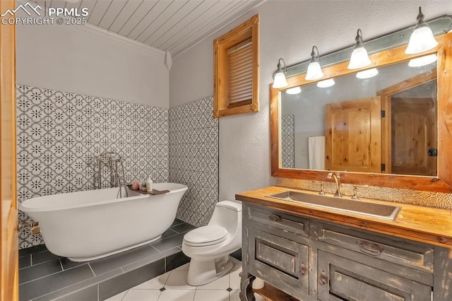 15958 Shadow Mountain Ranch Rd, Larkspur, CO 80118 - full bath featuring vanity, a soaking tub, tile patterned flooring, crown molding, and toilet