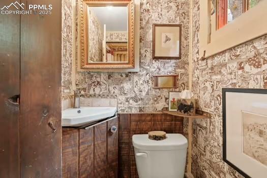 6015 Sioux Trl, Cascade, CO 80809 - half bath with wallpapered walls, toilet, and vanity