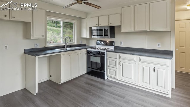 900 Beaver Creek Dr, Florissant, CO 80816 - kitchen with stainless steel microwave, black range with gas stovetop, a sink, dark countertops, and ceiling fan