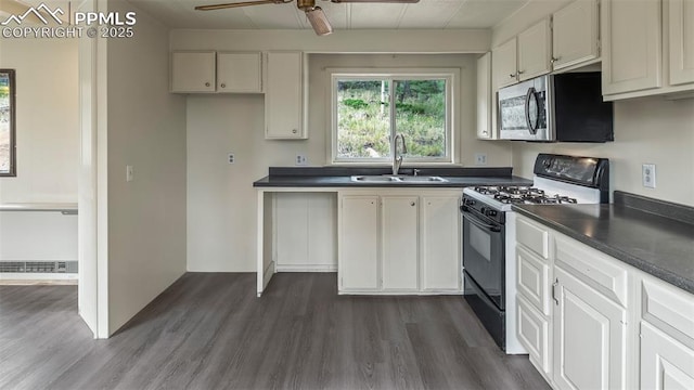 900 Beaver Creek Dr, Florissant, CO 80816 - kitchen featuring black range with gas stovetop, stainless steel microwave, a sink, dark countertops, and dark wood-type flooring