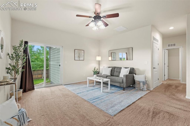 10067 Seawolf Dr, Colorado Springs, CO 80925 - carpeted living room featuring ceiling fan, baseboards, and recessed lighting