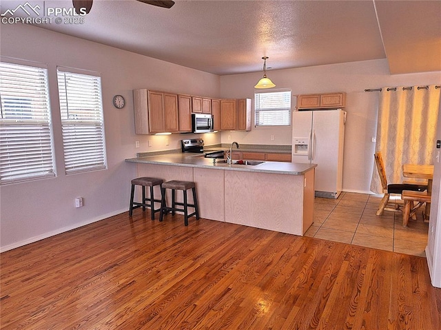 707 Valley View Dr, Woodland Park, CO 80863 - kitchen with stainless steel appliances, a sink, a peninsula, and light wood-style floors