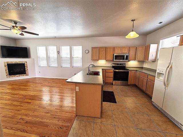 707 Valley View Dr, Woodland Park, CO 80863 - kitchen featuring stainless steel appliances, a sink, open floor plan, a peninsula, and a ceiling fan