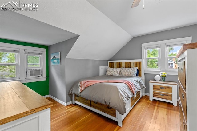 421 N Spruce St, Colorado Springs, CO 80905 - bedroom with light wood-style flooring, lofted ceiling, baseboards, cooling unit, and ceiling fan