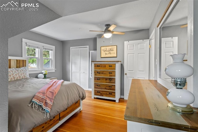 421 N Spruce St, Colorado Springs, CO 80905 - bedroom featuring wood finished floors, a closet, baseboards, and ceiling fan