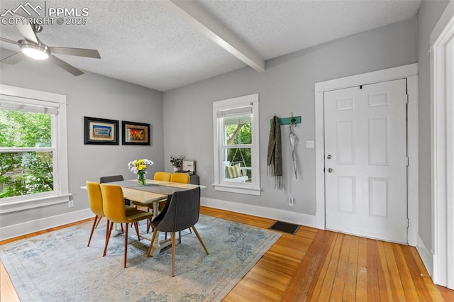 421 N Spruce St, Colorado Springs, CO 80905 - dining room featuring light wood-type flooring, a ceiling fan, a textured ceiling, baseboards, and beamed ceiling