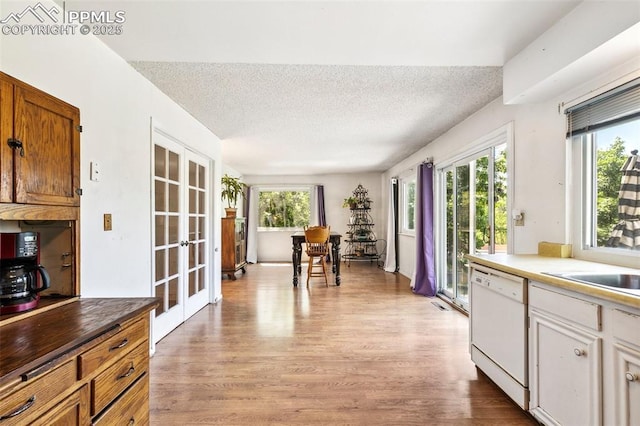 965 Red Mesa Dr, Colorado Springs, CO 80906 - kitchen with dishwasher, french doors, plenty of natural light, light wood-style flooring, and a textured ceiling