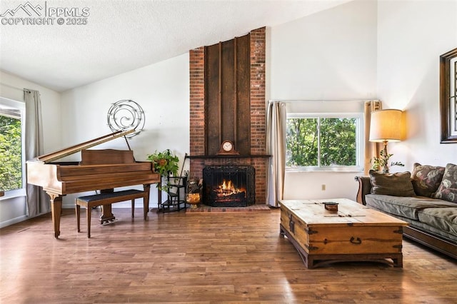 965 Red Mesa Dr, Colorado Springs, CO 80906 - living area featuring lofted ceiling, a textured ceiling, wood finished floors, and a brick fireplace