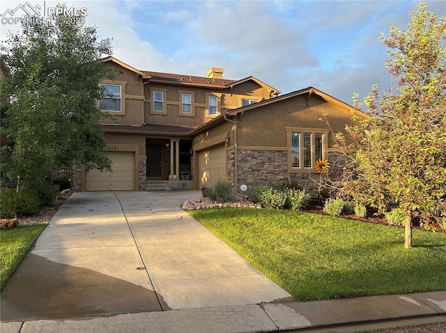 2374 Cinnabar Rd, Colorado Springs, CO 80921 - view of front of home featuring stucco siding, stone siding, a chimney, and a front yard