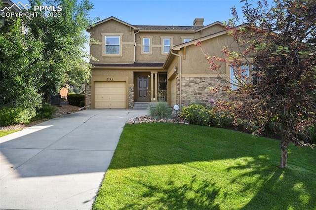 2374 Cinnabar Rd, Colorado Springs, CO 80921 - traditional-style home with stucco siding, stone siding, a front yard, driveway, and an attached garage