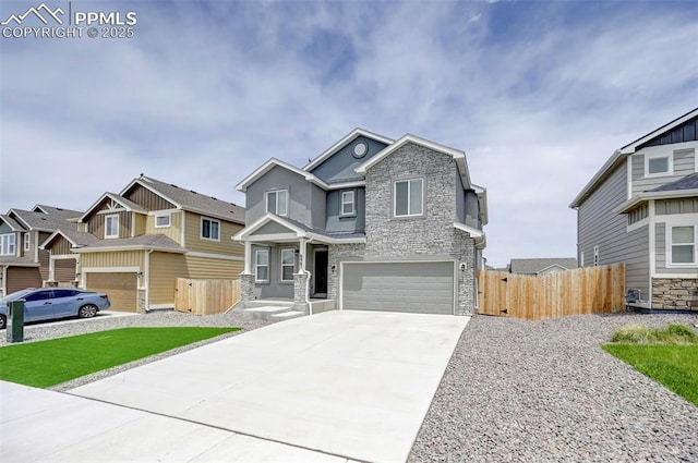 6967 Akela Ln, Colorado Springs, CO 80925 - craftsman-style house with stone siding, a garage, driveway, and a residential view