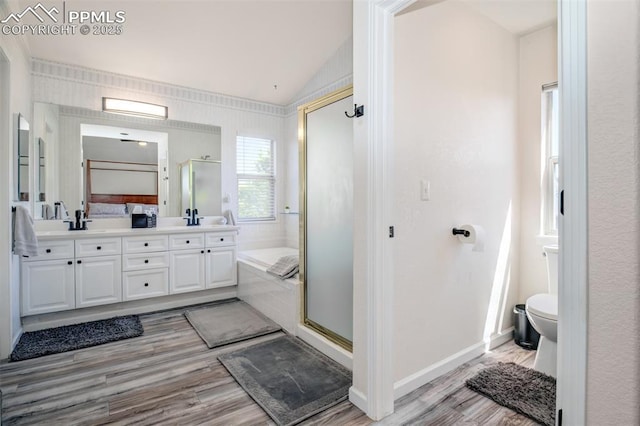 16084 Stonebriar Dr, Parker, CO 80134 - bathroom with double vanity, a shower stall, wood finished floors, toilet, and a garden tub