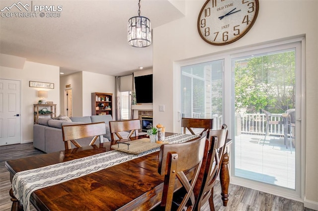 16084 Stonebriar Dr, Parker, CO 80134 - dining area with wood finished floors, a glass covered fireplace, plenty of natural light, and a chandelier