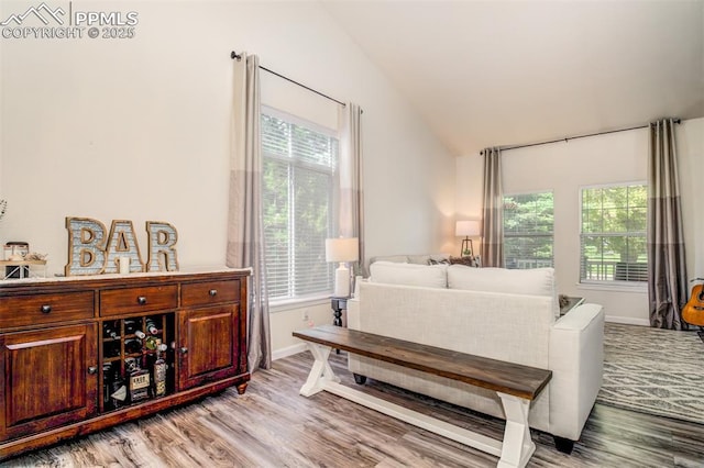 16084 Stonebriar Dr, Parker, CO 80134 - living room featuring vaulted ceiling, light wood finished floors, healthy amount of natural light, and baseboards
