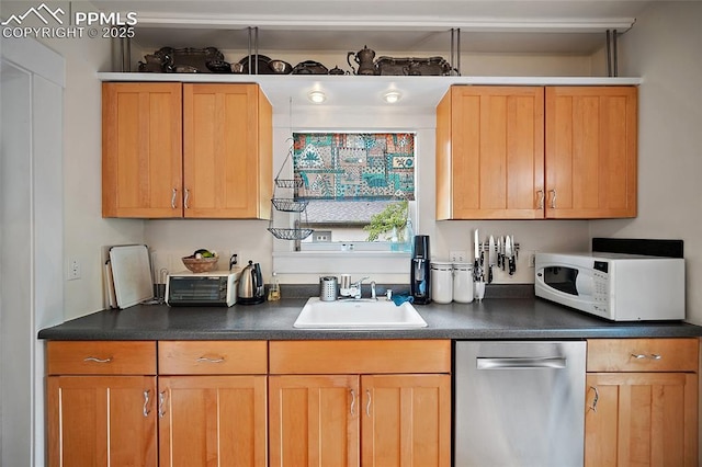 424 N Cedar St, Colorado Springs, CO 80903 - kitchen with stainless steel dishwasher, white microwave, a sink, and dark countertops