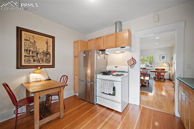424 N Cedar St, Colorado Springs, CO 80903 - kitchen with white range with gas cooktop, under cabinet range hood, freestanding refrigerator, light brown cabinetry, and light wood-style floors