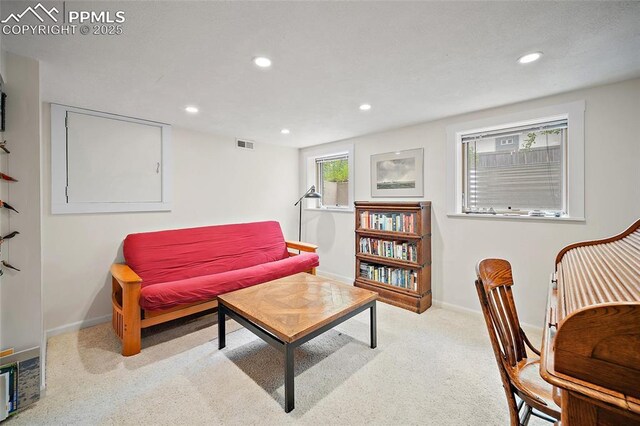 424 N Cedar St, Colorado Springs, CO 80903 - living room featuring baseboards, carpet, and recessed lighting