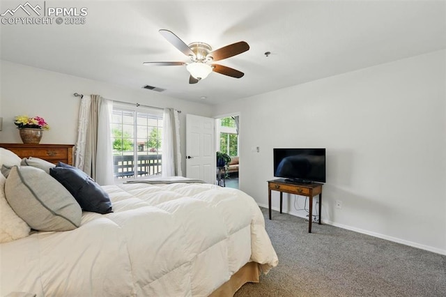 2150 Alicia Pt Unit 201, Colorado Springs, CO 80919 - carpeted bedroom with access to outside, baseboards, and ceiling fan
