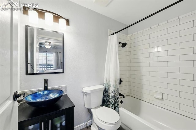 2150 Alicia Pt Unit 201, Colorado Springs, CO 80919 - bathroom with toilet, vanity, shower / bath combination with curtain, and a ceiling fan