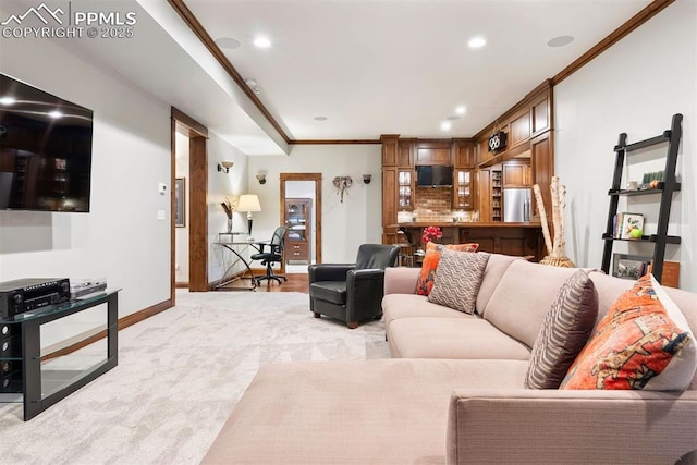 3 Mesa Ln, Colorado Springs, CO 80906 - living area with recessed lighting, light colored carpet, and ornamental molding