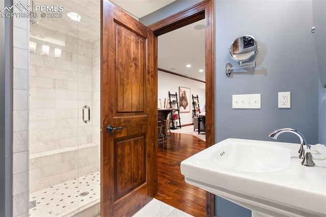 3 Mesa Ln, Colorado Springs, CO 80906 - bathroom with a shower stall and wood finished floors