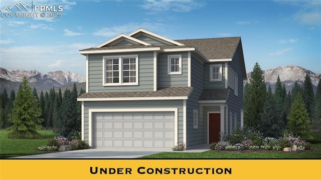 7703 Lost Trail Dr, Colorado Springs, CO 80908 - view of front facade featuring roof with shingles, a mountain view, an attached garage, and concrete driveway