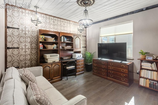 1124 E Poncha Ave, Salida, CO 81201 - office space with dark wood-style flooring, wallpapered walls, and wooden ceiling