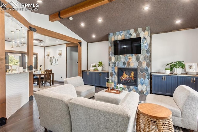 1124 E Poncha Ave, Salida, CO 81201 - living area featuring dark wood-type flooring, recessed lighting, and a stone fireplace